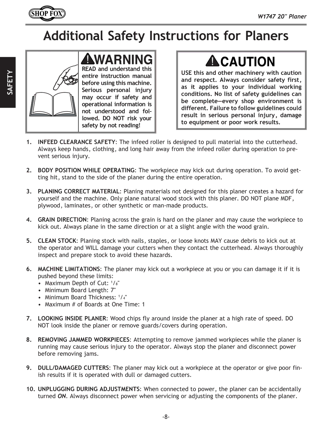 Woodstock W1747 owner manual Additional Safety Instructions for Planers 