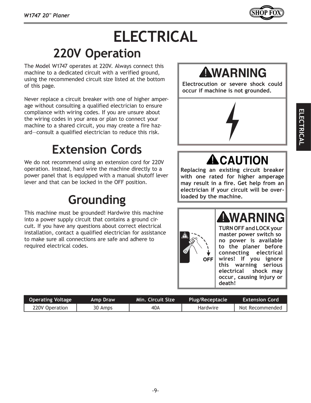 Woodstock W1747 owner manual Electrical, 220V Operation, Extension Cords, Grounding 