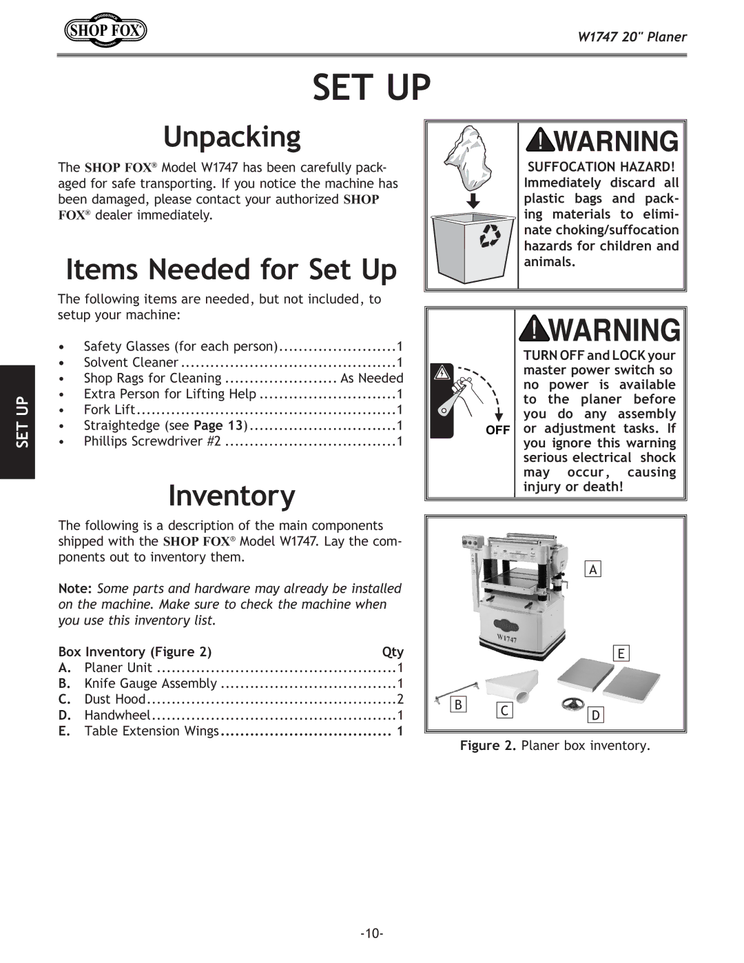 Woodstock W1747 owner manual Unpacking, Items Needed for Set Up, Inventory 