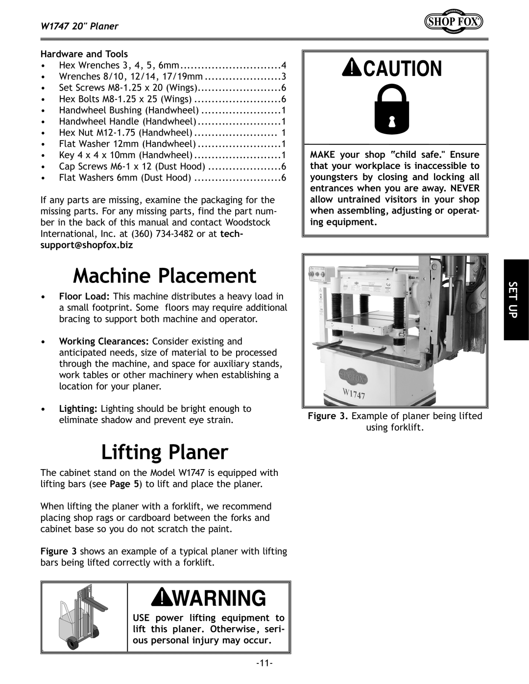 Woodstock W1747 owner manual Machine Placement, Lifting Planer, Hardware and Tools 