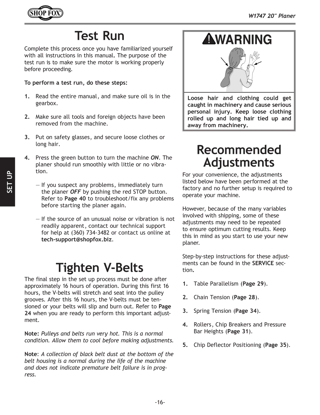 Woodstock W1747 owner manual Test Run, Tighten V-Belts, Recommended Adjustments, To perform a test run, do these steps 