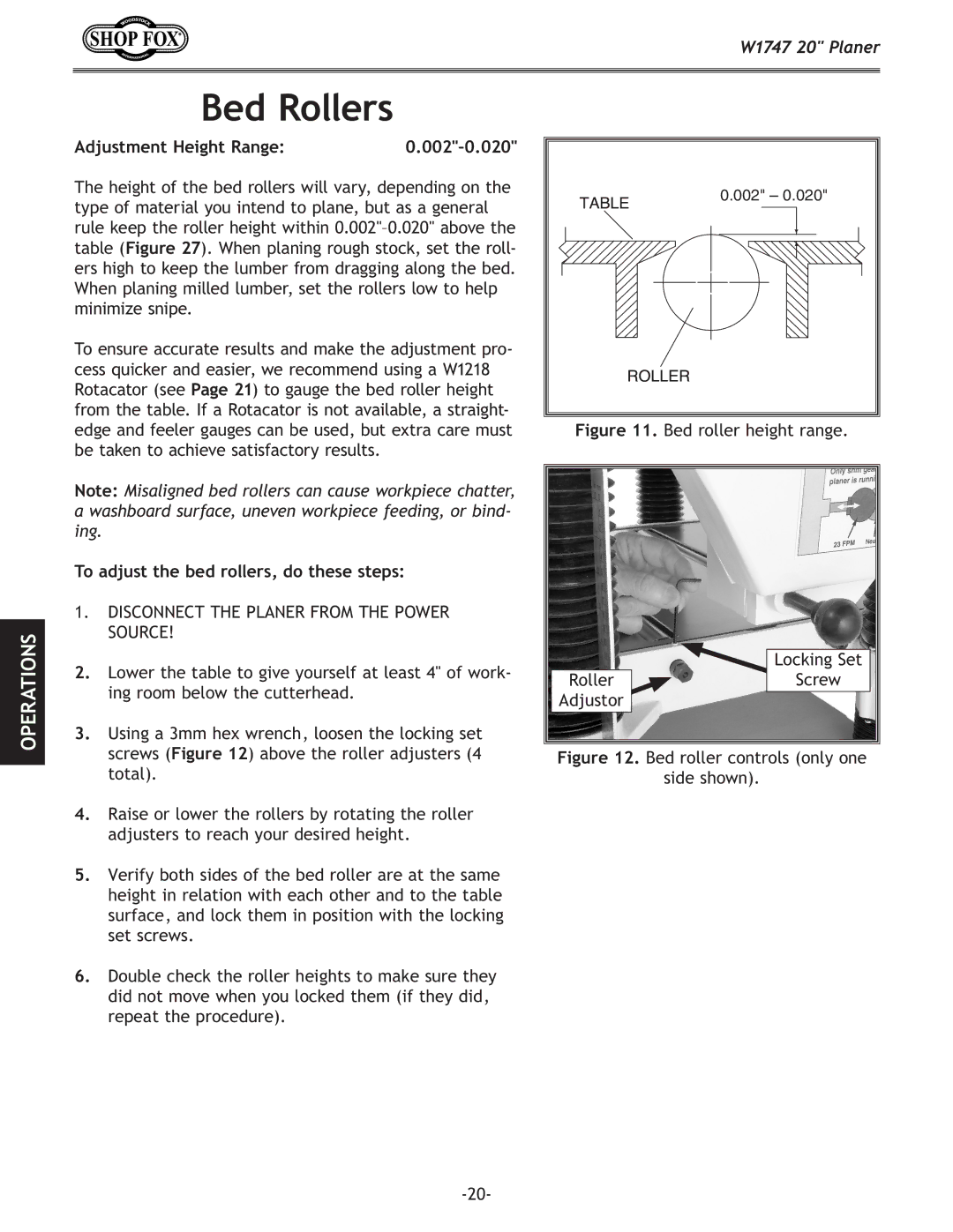 Woodstock W1747 owner manual Bed Rollers, Adjustment Height Range 002-0.020, To adjust the bed rollers, do these steps 