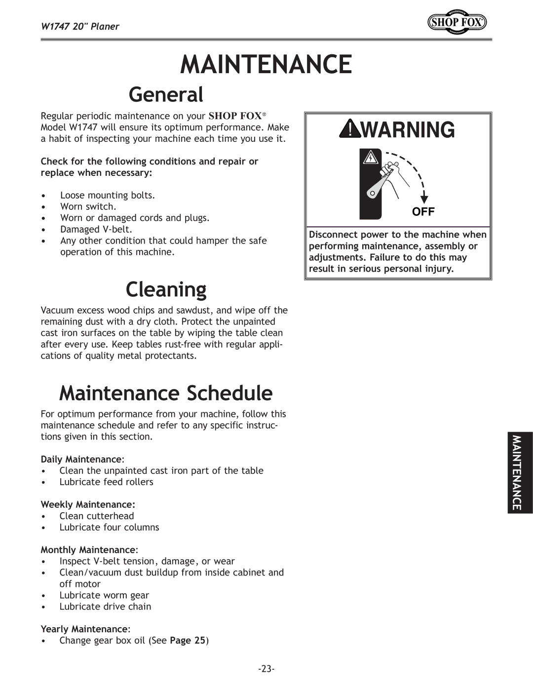 Woodstock W1747 owner manual Cleaning, Maintenance Schedule 