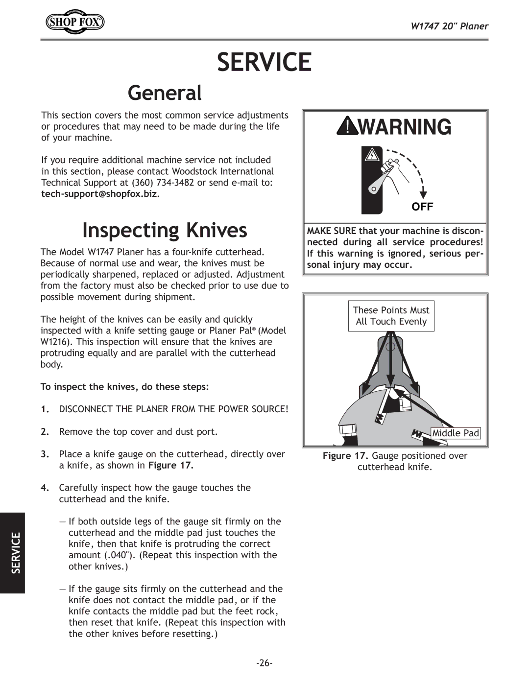 Woodstock W1747 owner manual Service, Inspecting Knives, To inspect the knives, do these steps 