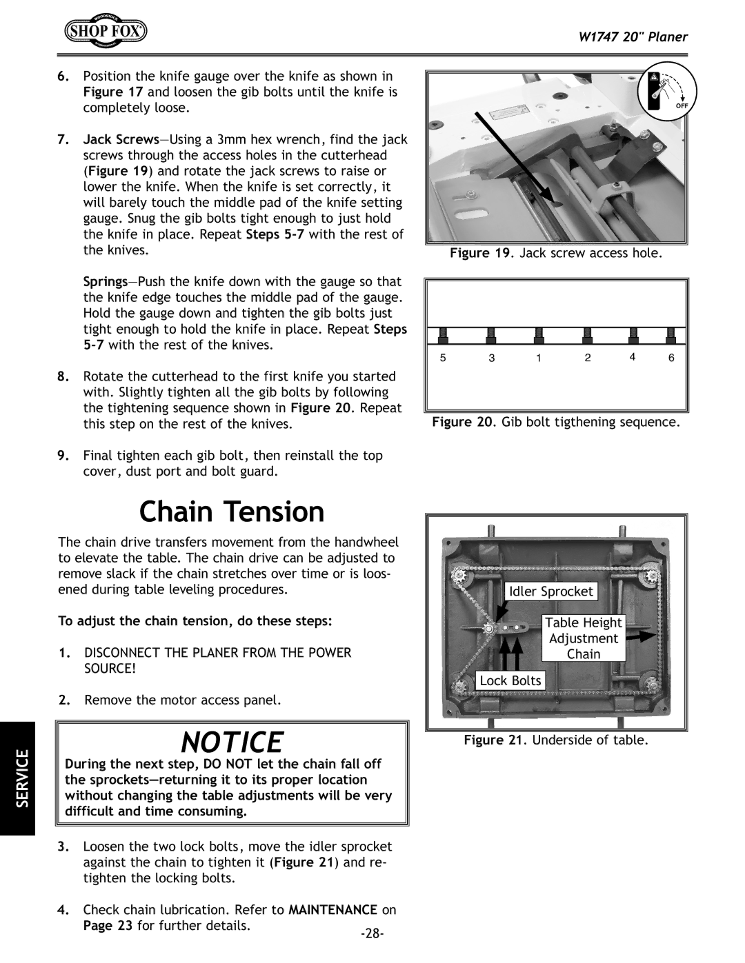 Woodstock W1747 owner manual Chain Tension, To adjust the chain tension, do these steps 