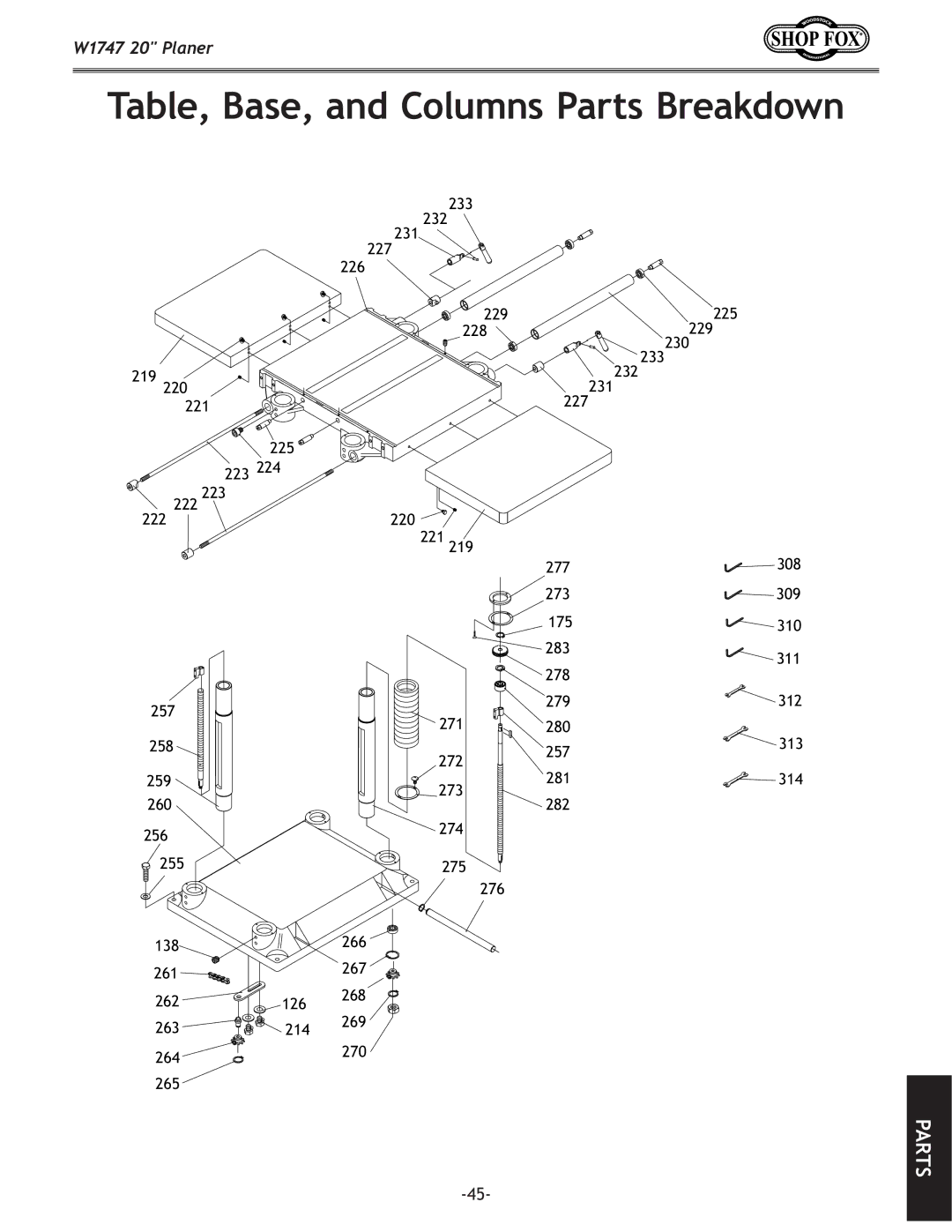 Woodstock W1747 owner manual Table, Base, and Columns Parts Breakdown 