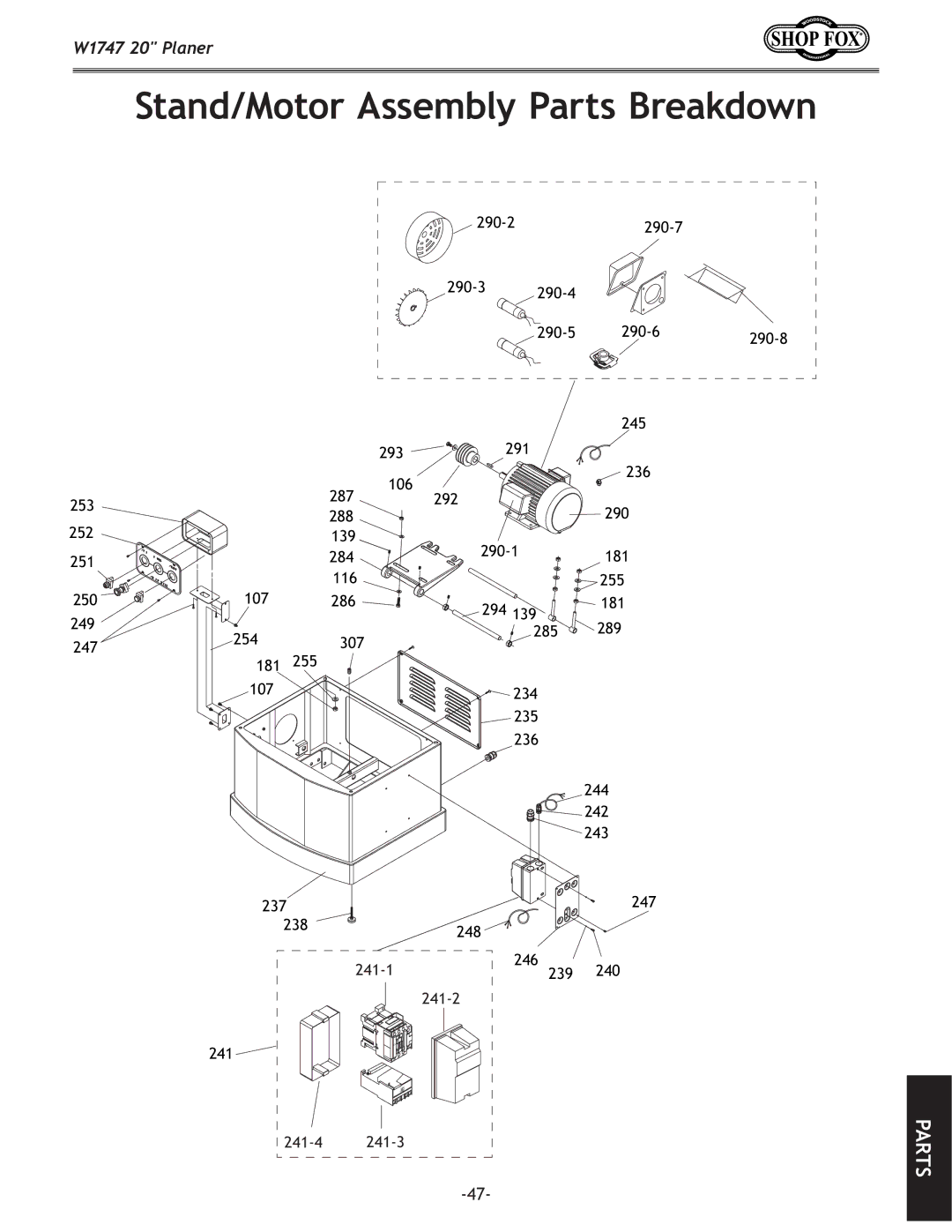 Woodstock W1747 owner manual Stand/Motor Assembly Parts Breakdown 