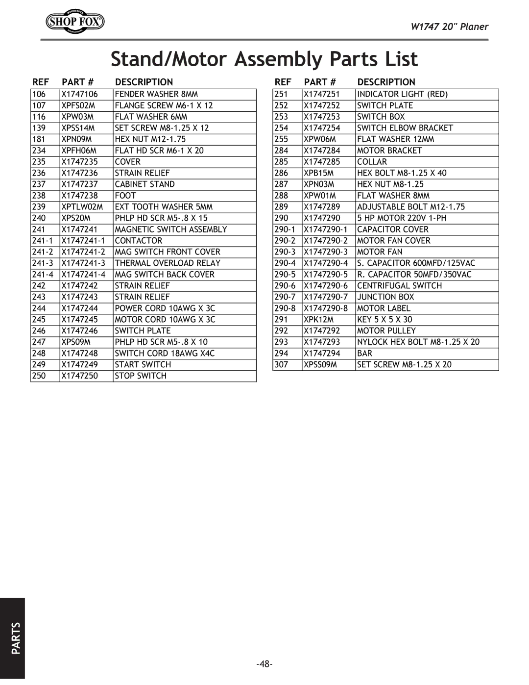 Woodstock W1747 owner manual Stand/Motor Assembly Parts List 