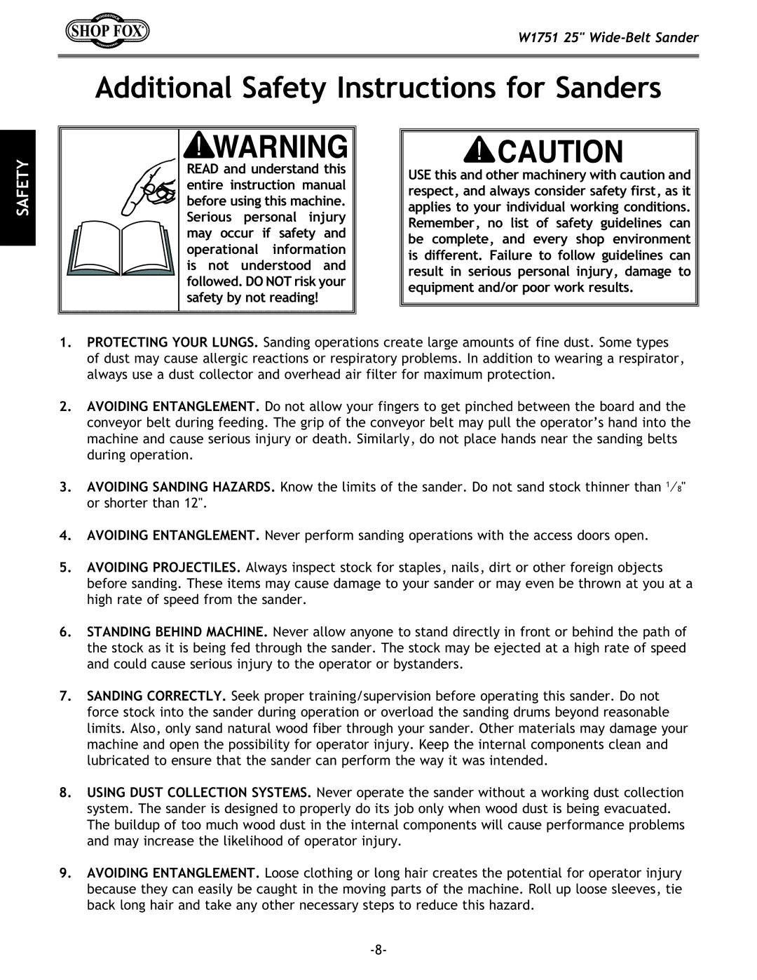 Woodstock W1751 owner manual Additional Safety Instructions for Sanders 