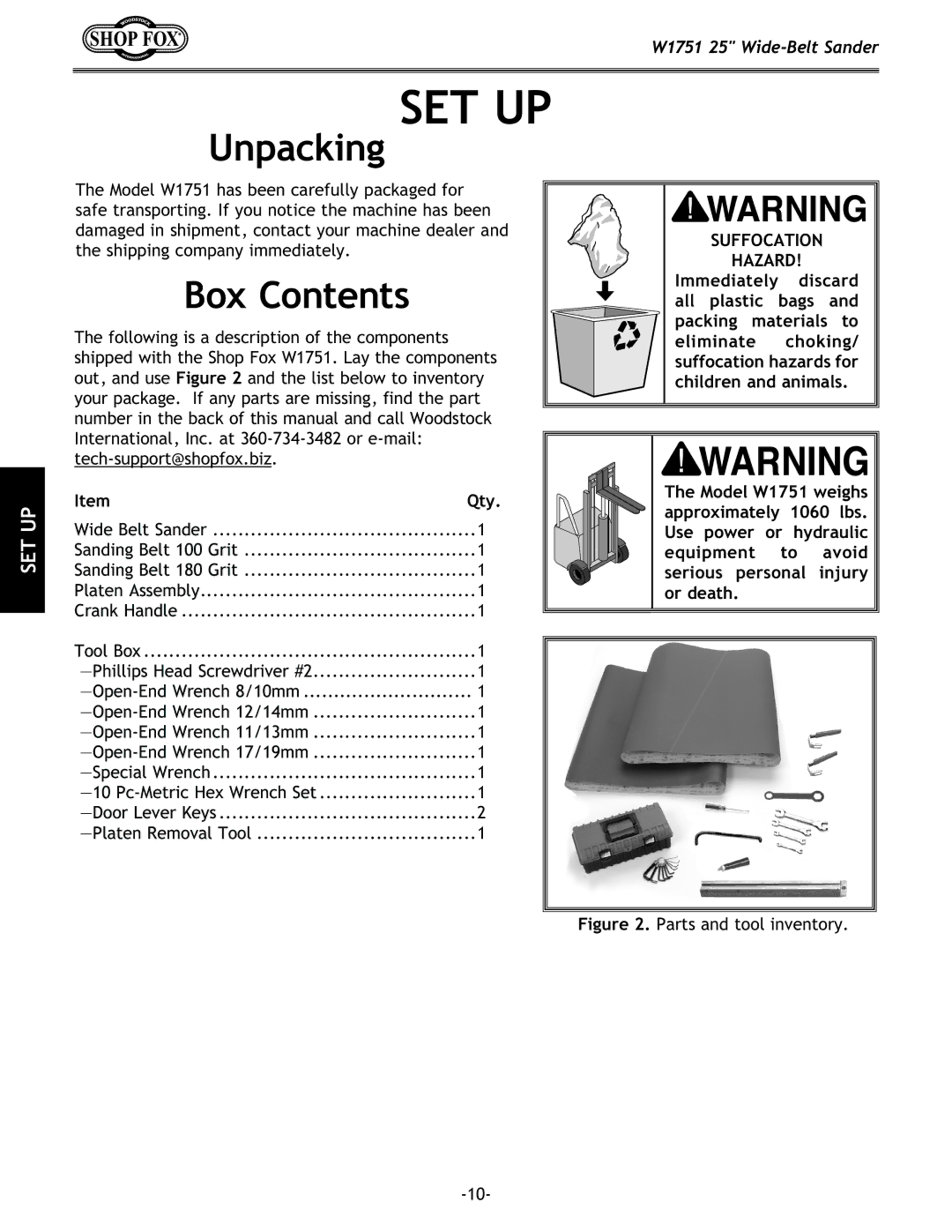 Woodstock W1751 owner manual Unpacking, Box Contents 