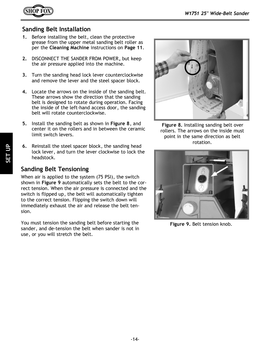 Woodstock W1751 owner manual Sanding Belt Installation, Sanding Belt Tensioning 