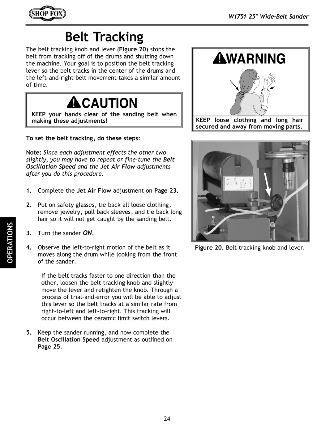 Woodstock W1751 owner manual Belt Tracking, Belt tracking knob and lever 