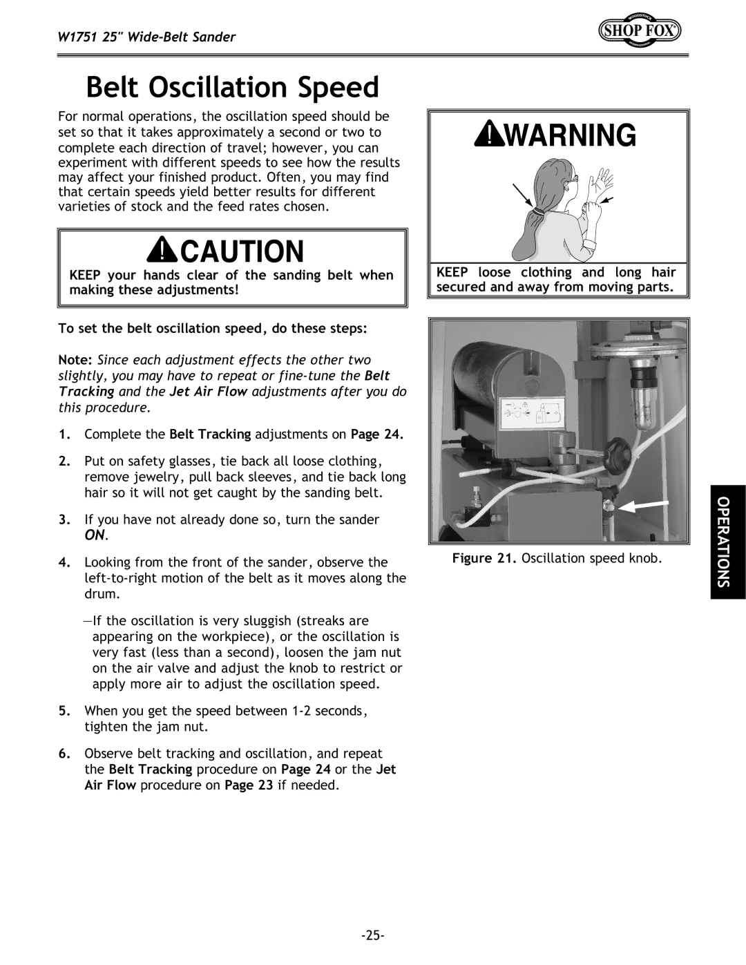 Woodstock W1751 owner manual Belt Oscillation Speed, Belt Tracking procedure on Page 24 or the Jet 