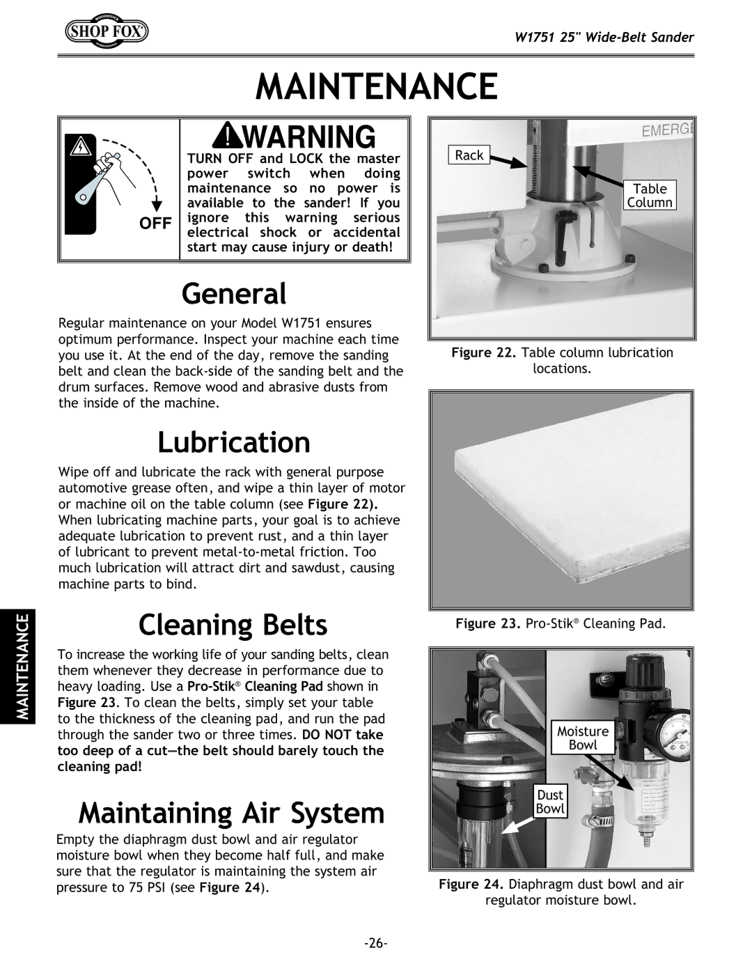 Woodstock W1751 owner manual General, Lubrication, Cleaning Belts, Maintaining Air System 