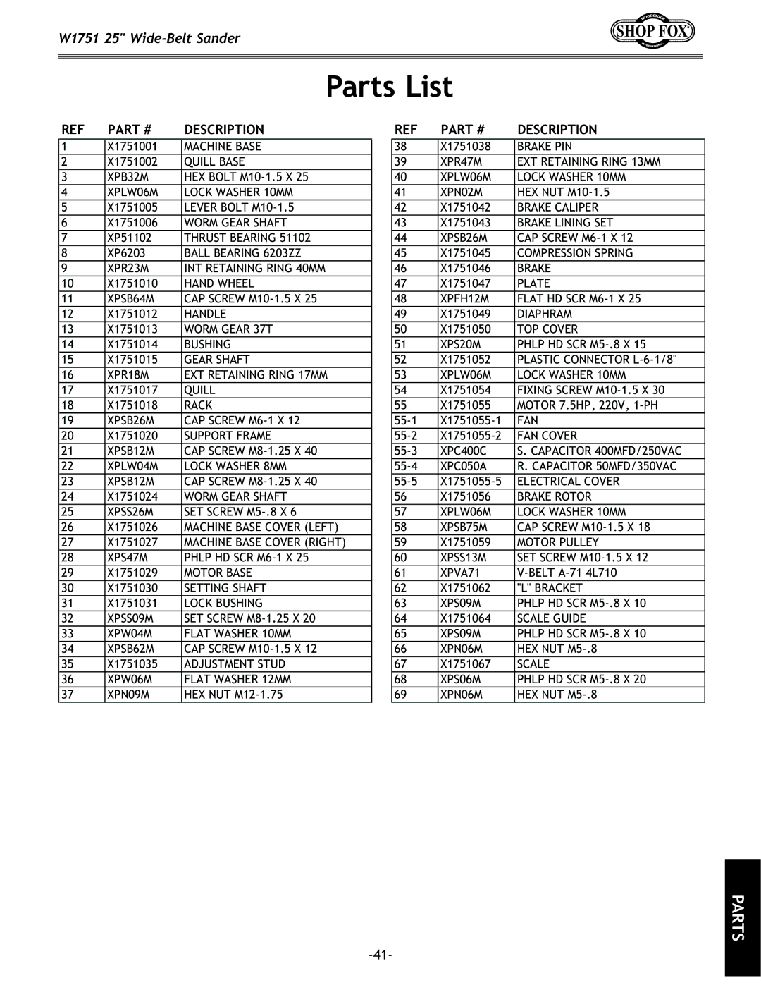 Woodstock W1751 owner manual Parts List, PART# Description 