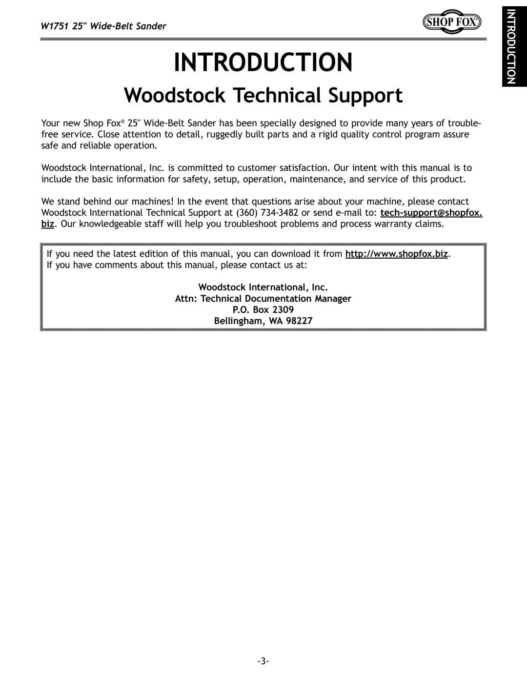 Woodstock W1751 owner manual Introduction, Woodstock Technical Support 