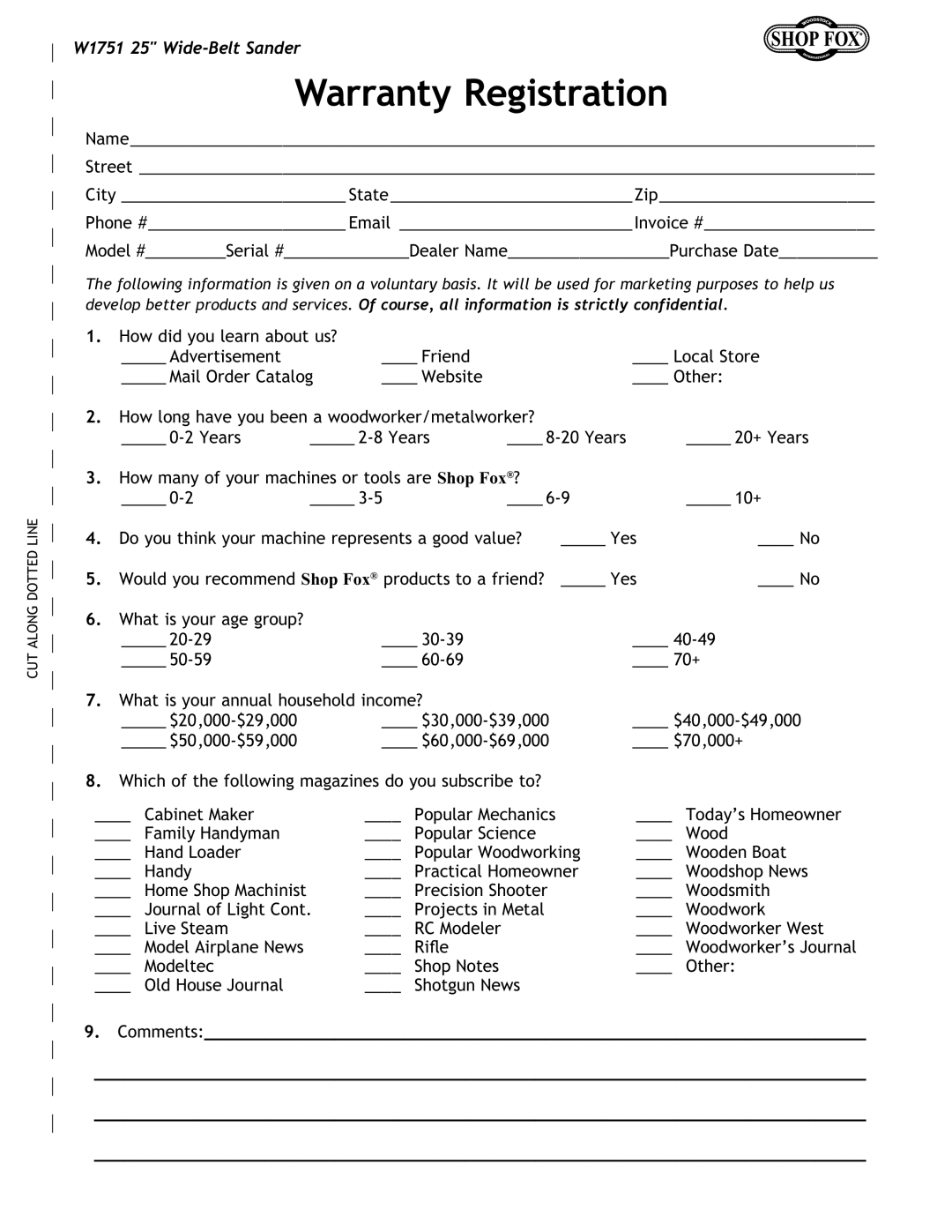 Woodstock W1751 owner manual Warranty Registration, Comments 