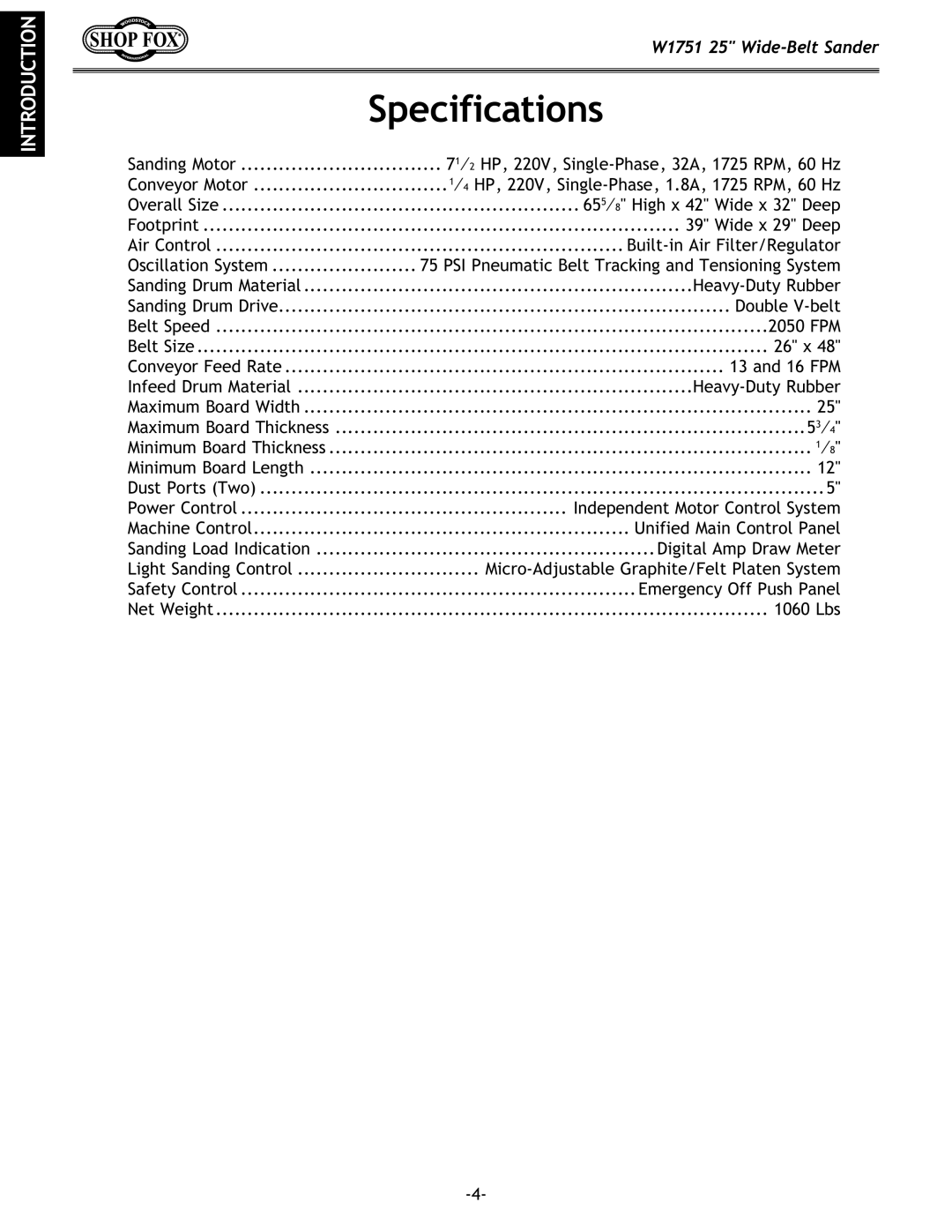 Woodstock W1751 owner manual Specifications 