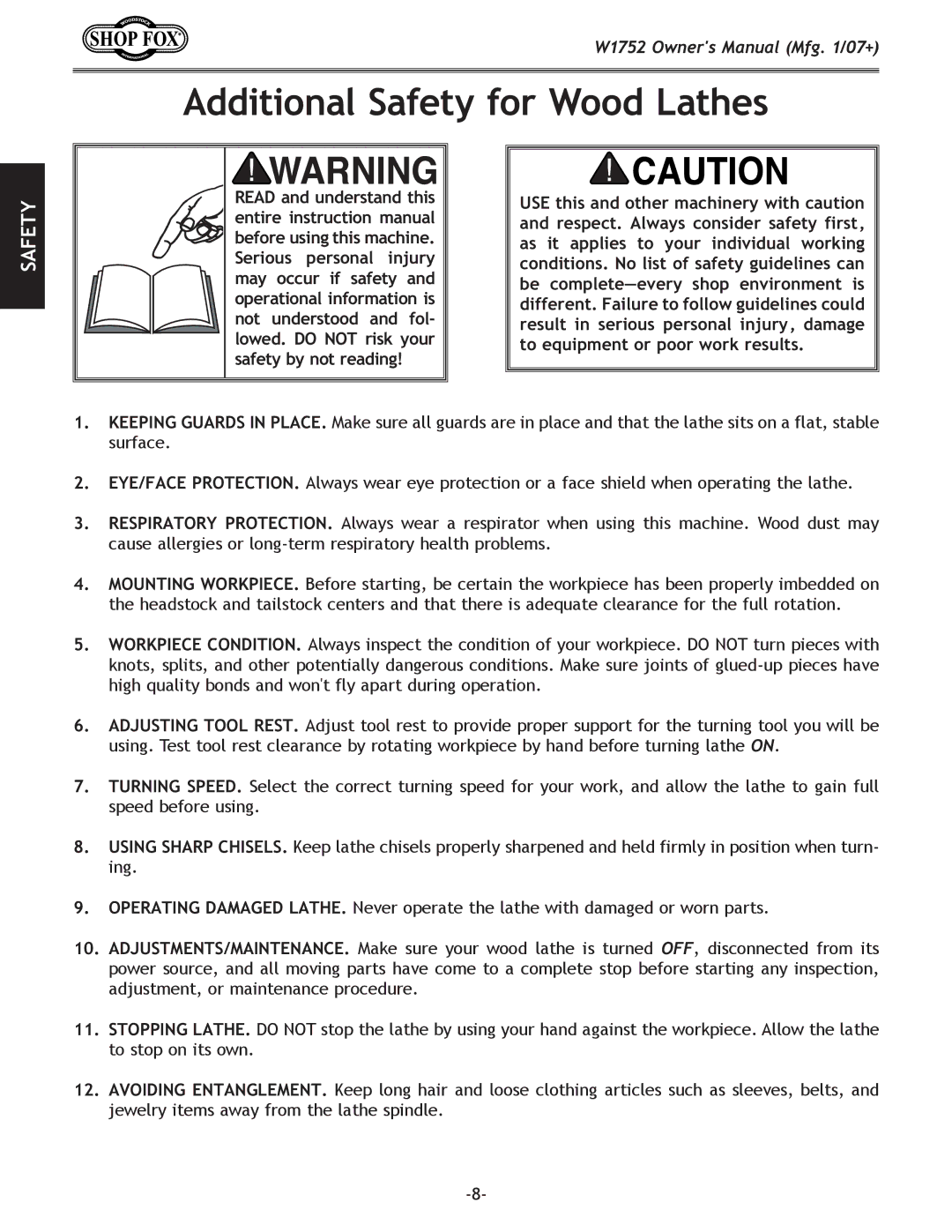 Woodstock W1752 owner manual Additional Safety for Wood Lathes 