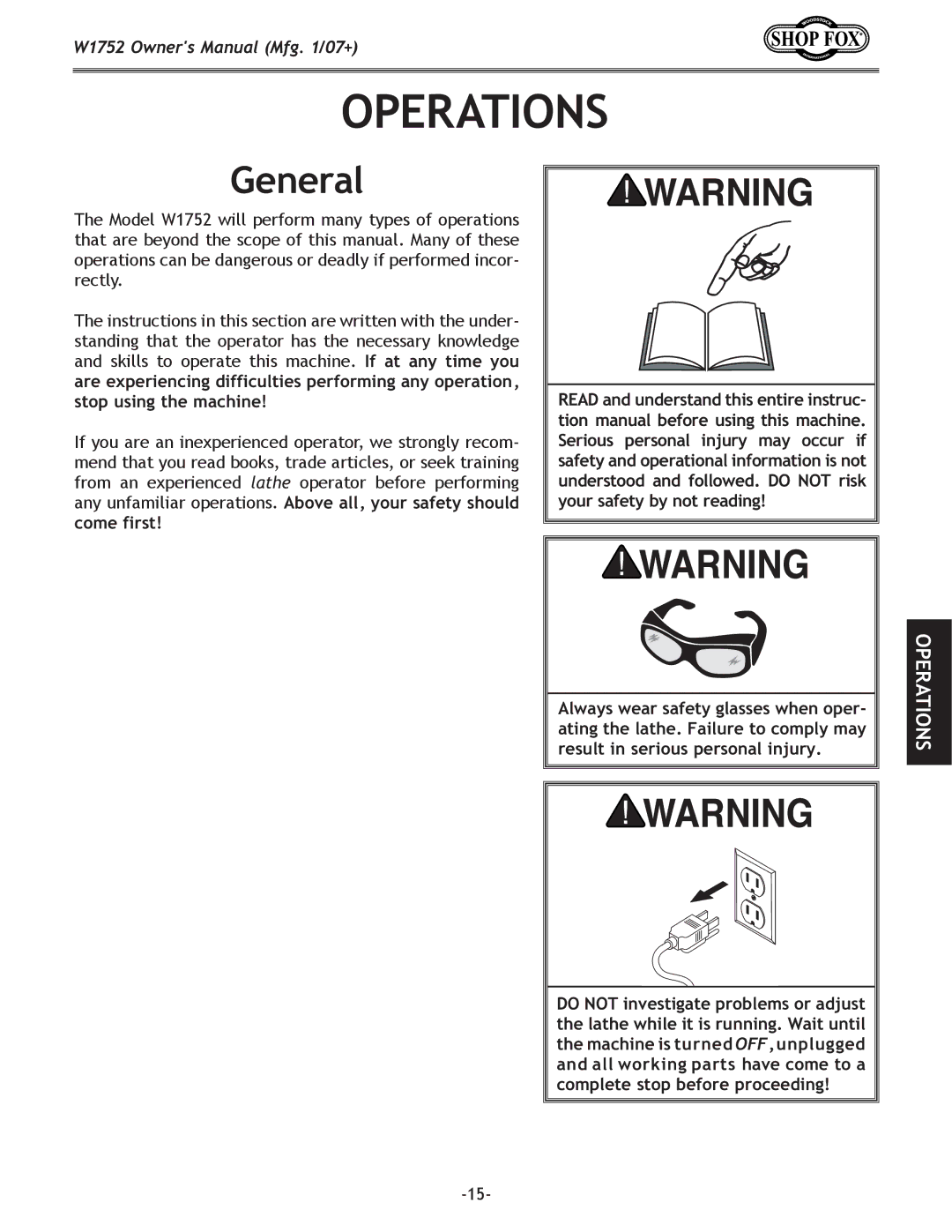 Woodstock W1752 owner manual Operations, General 