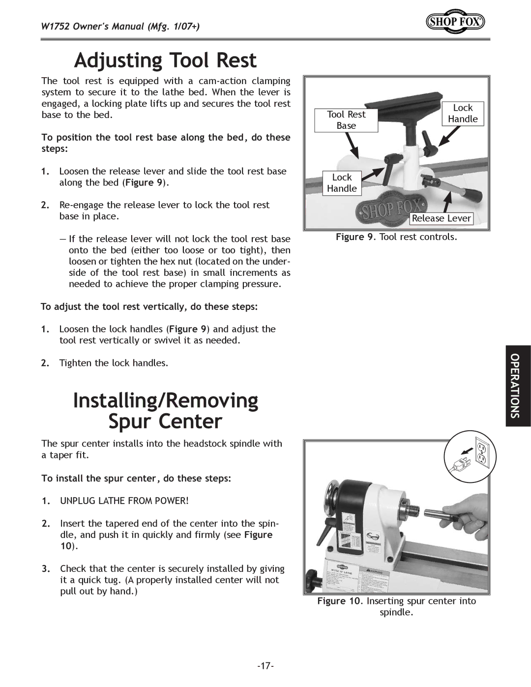 Woodstock W1752 Adjusting Tool Rest, Installing/Removing Spur Center, To adjust the tool rest vertically, do these steps 