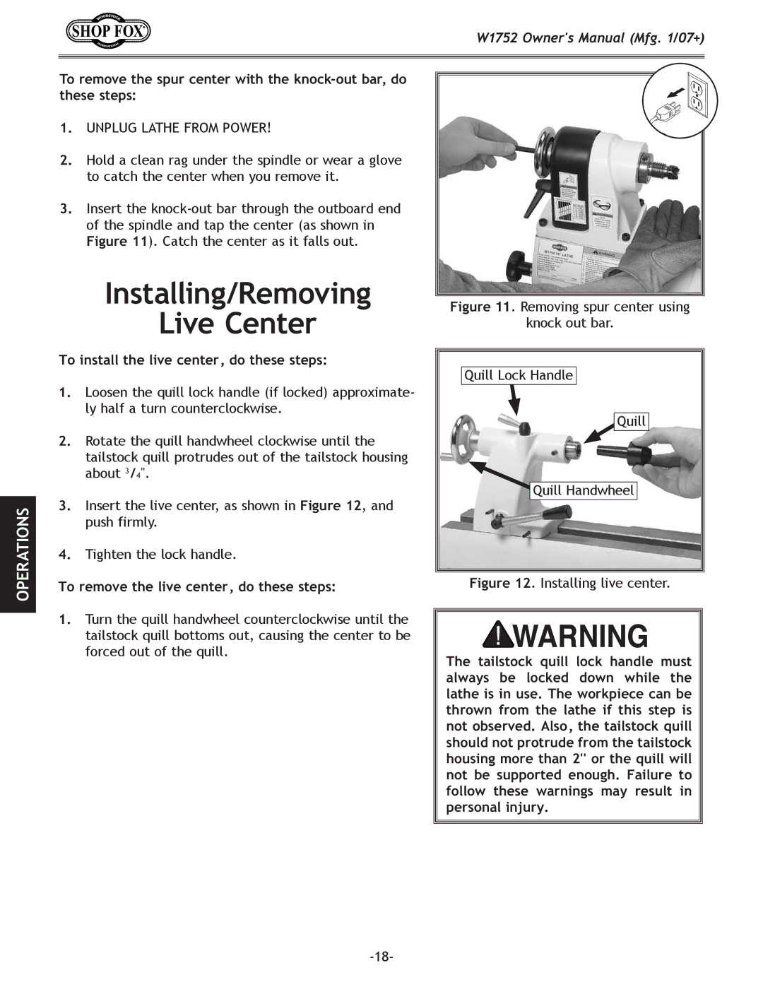 Woodstock W1752 owner manual Installing/Removing Live Center, To install the live center, do these steps 