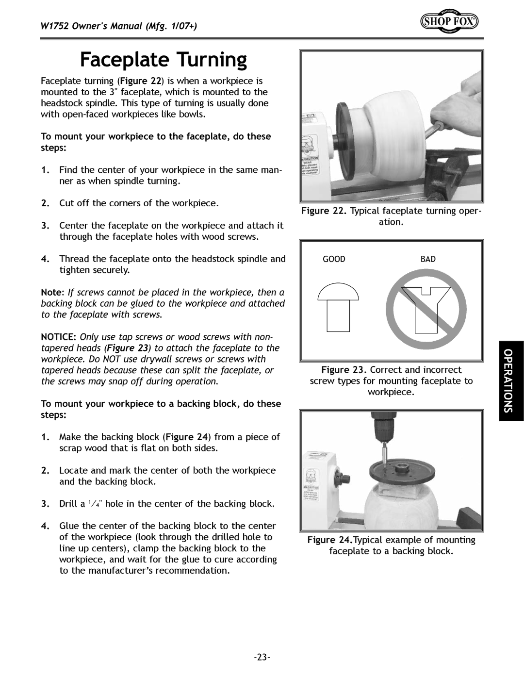 Woodstock W1752 owner manual Faceplate Turning, To mount your workpiece to the faceplate, do these steps 