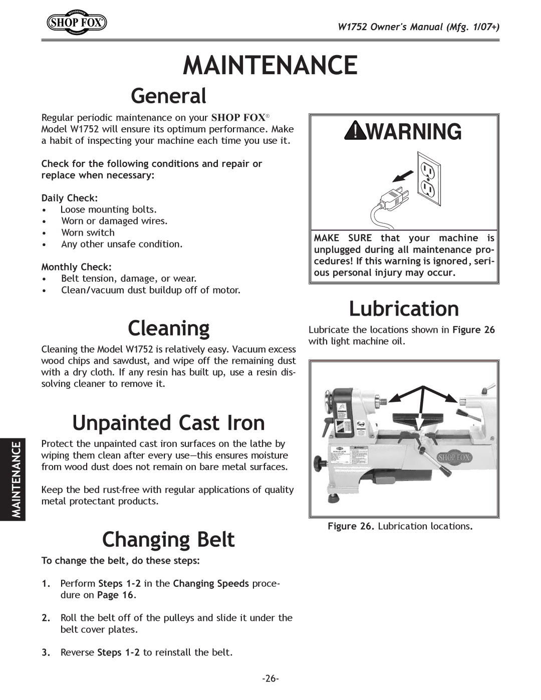 Woodstock W1752 owner manual Maintenance, Cleaning, Lubrication, Unpainted Cast Iron, Changing Belt 