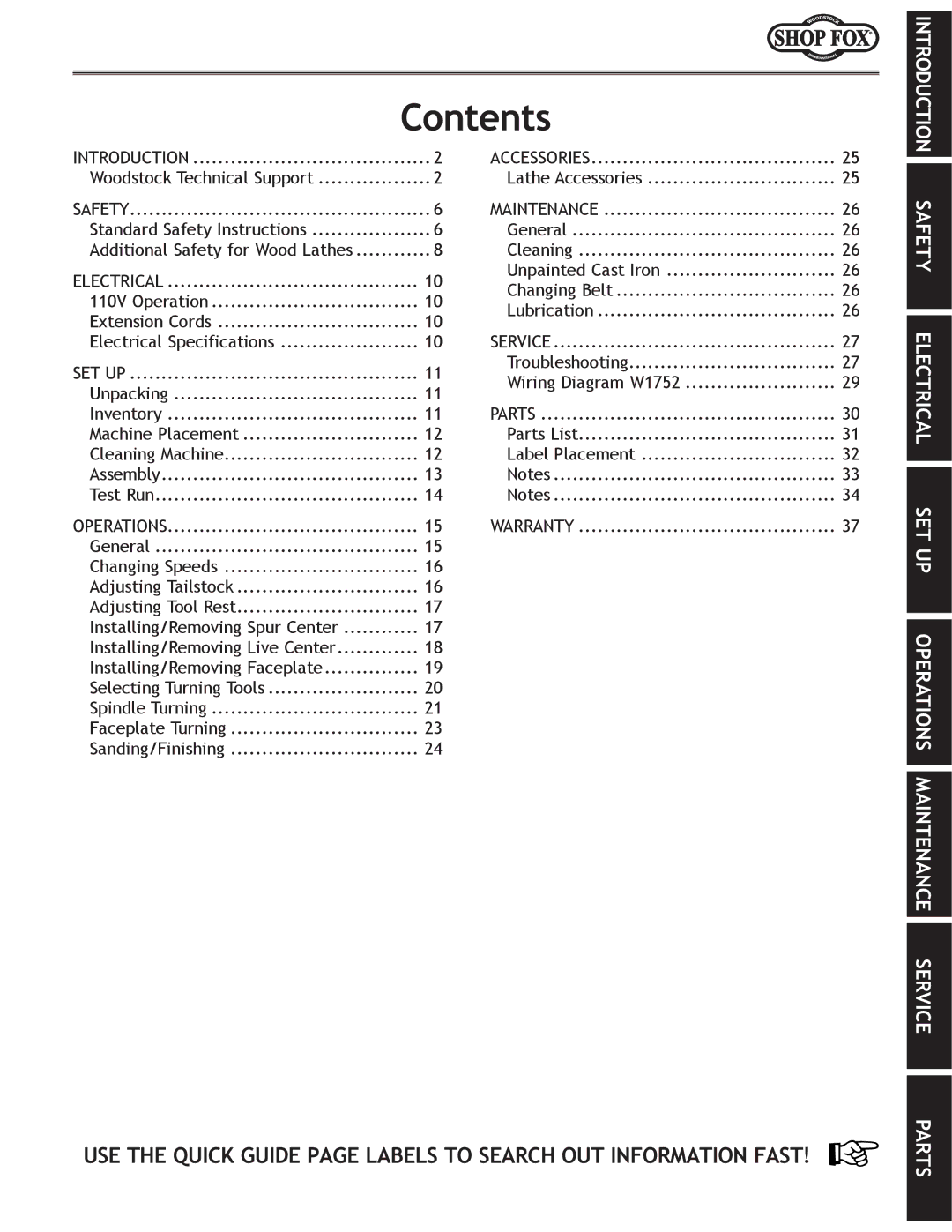 Woodstock W1752 owner manual Contents 