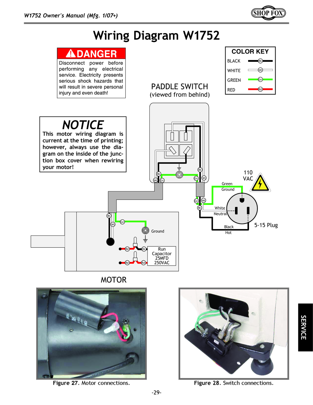 Woodstock owner manual Wiring Diagram W1752, Paddle Switch 