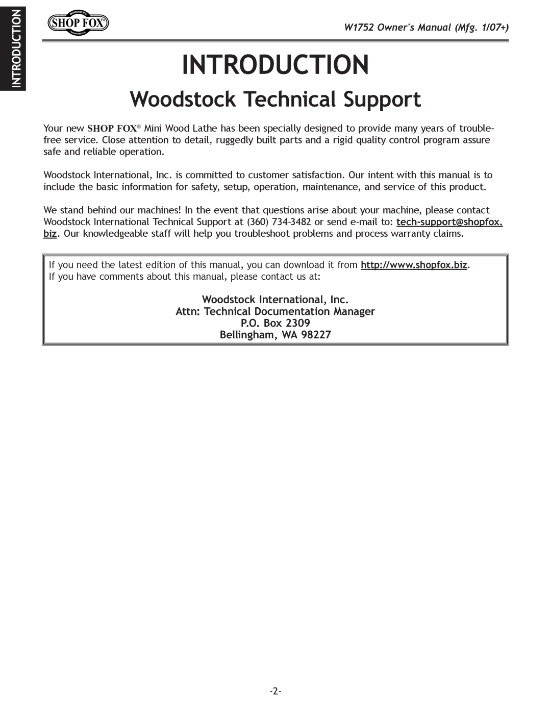 Woodstock W1752 owner manual Introduction, Woodstock Technical Support 