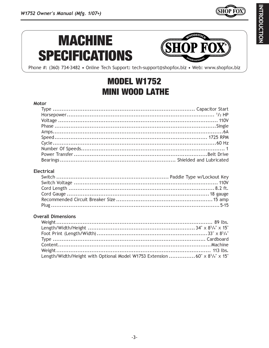 Woodstock W1752 owner manual Motor, Electrical, Overall Dimensions 