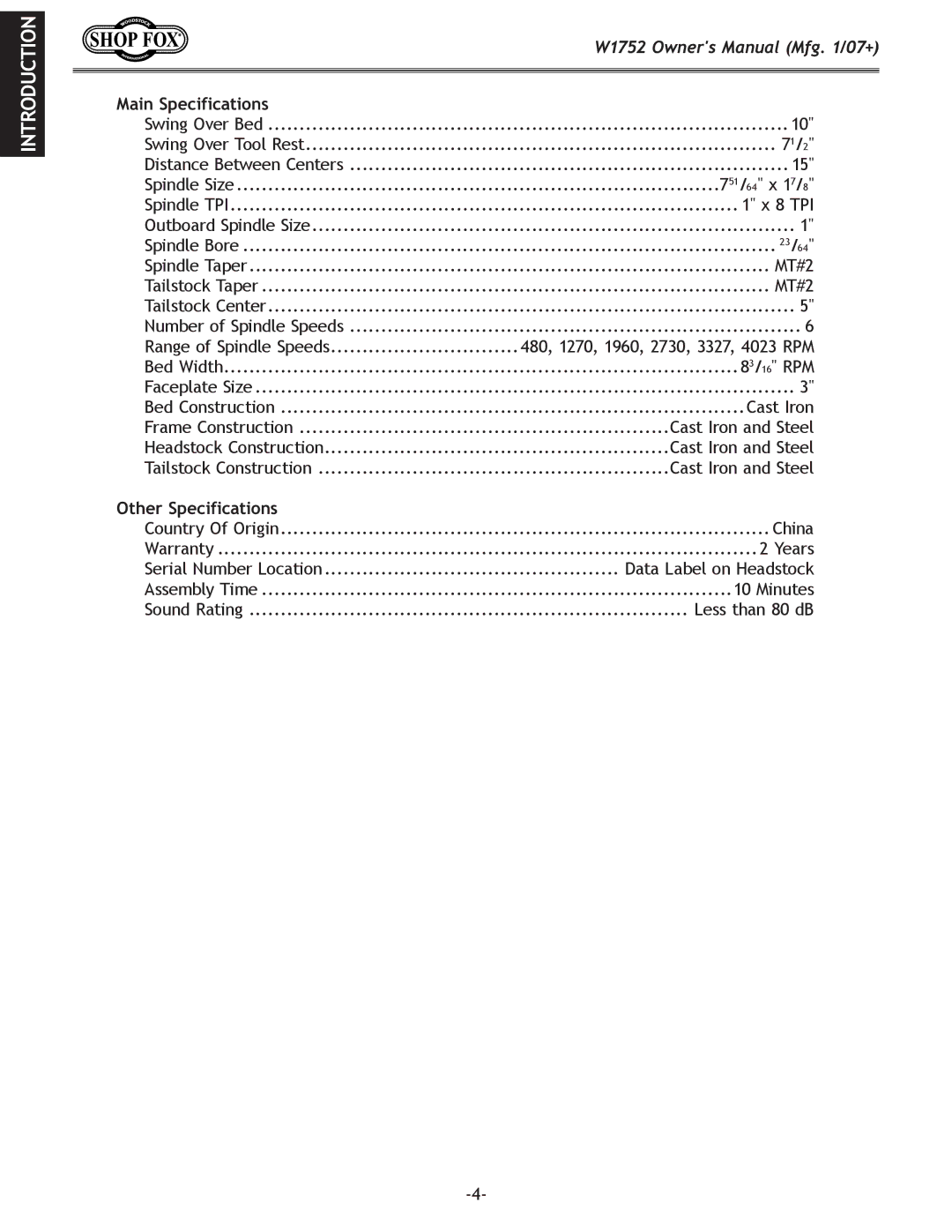 Woodstock W1752 owner manual Main Specifications, Other Specifications 