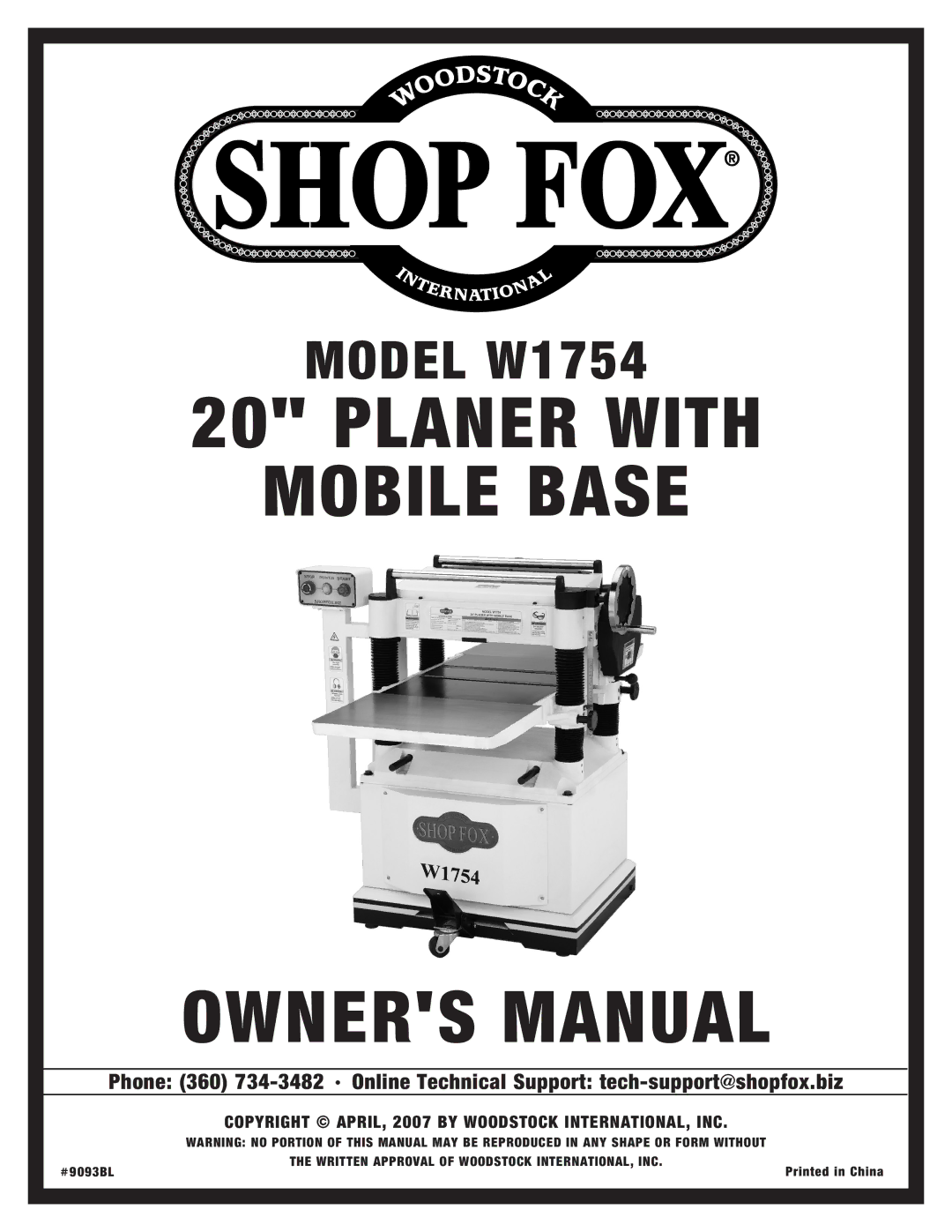 Woodstock W1754 owner manual Planer with Mobile Base 