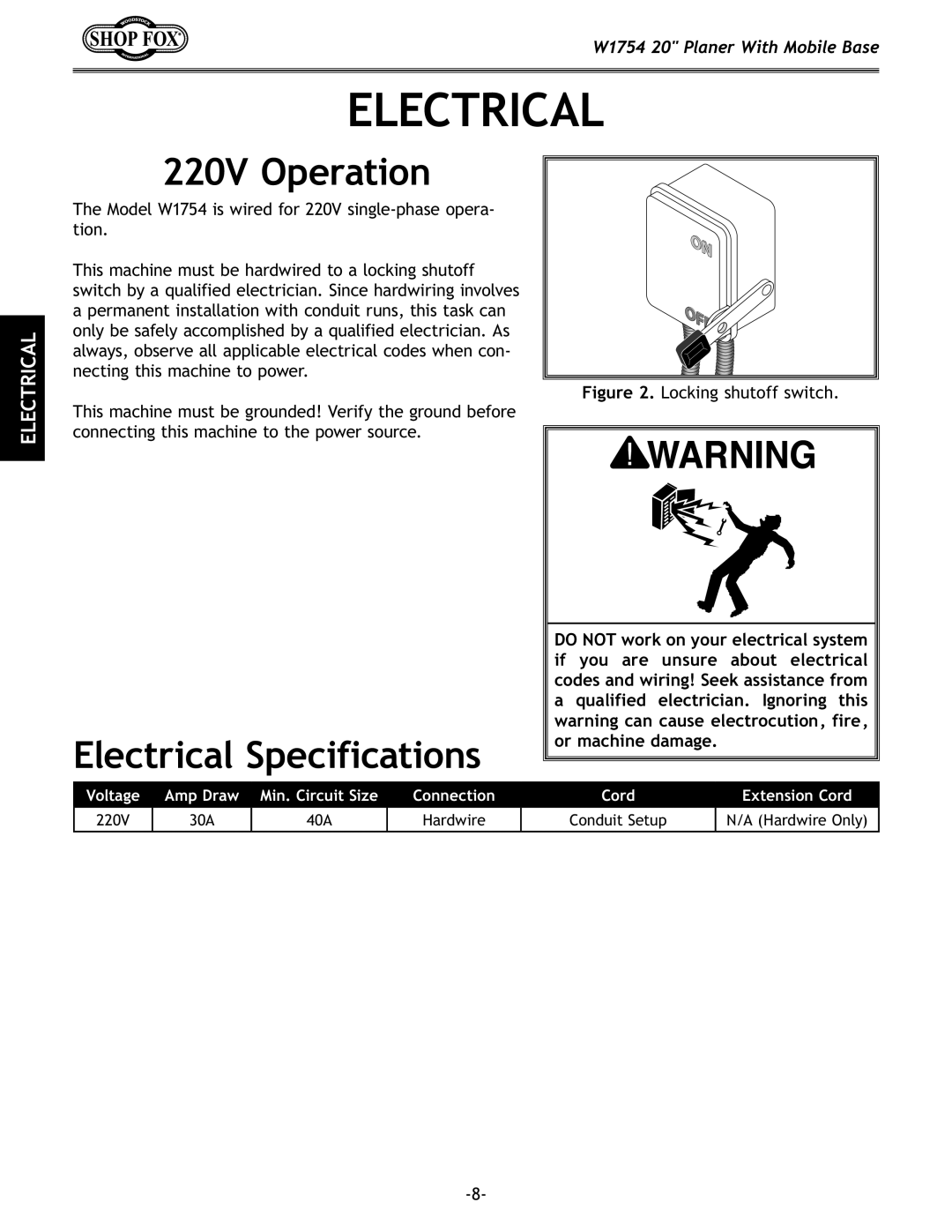 Woodstock W1754 owner manual 220V Operation, Electrical Specifications 