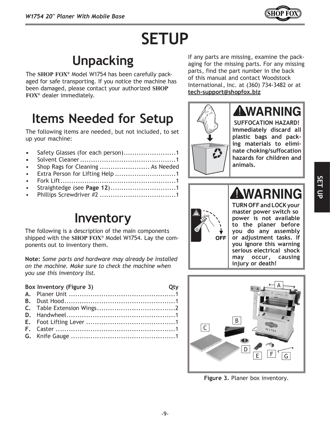 Woodstock W1754 owner manual Unpacking, Items Needed for Setup, Inventory 