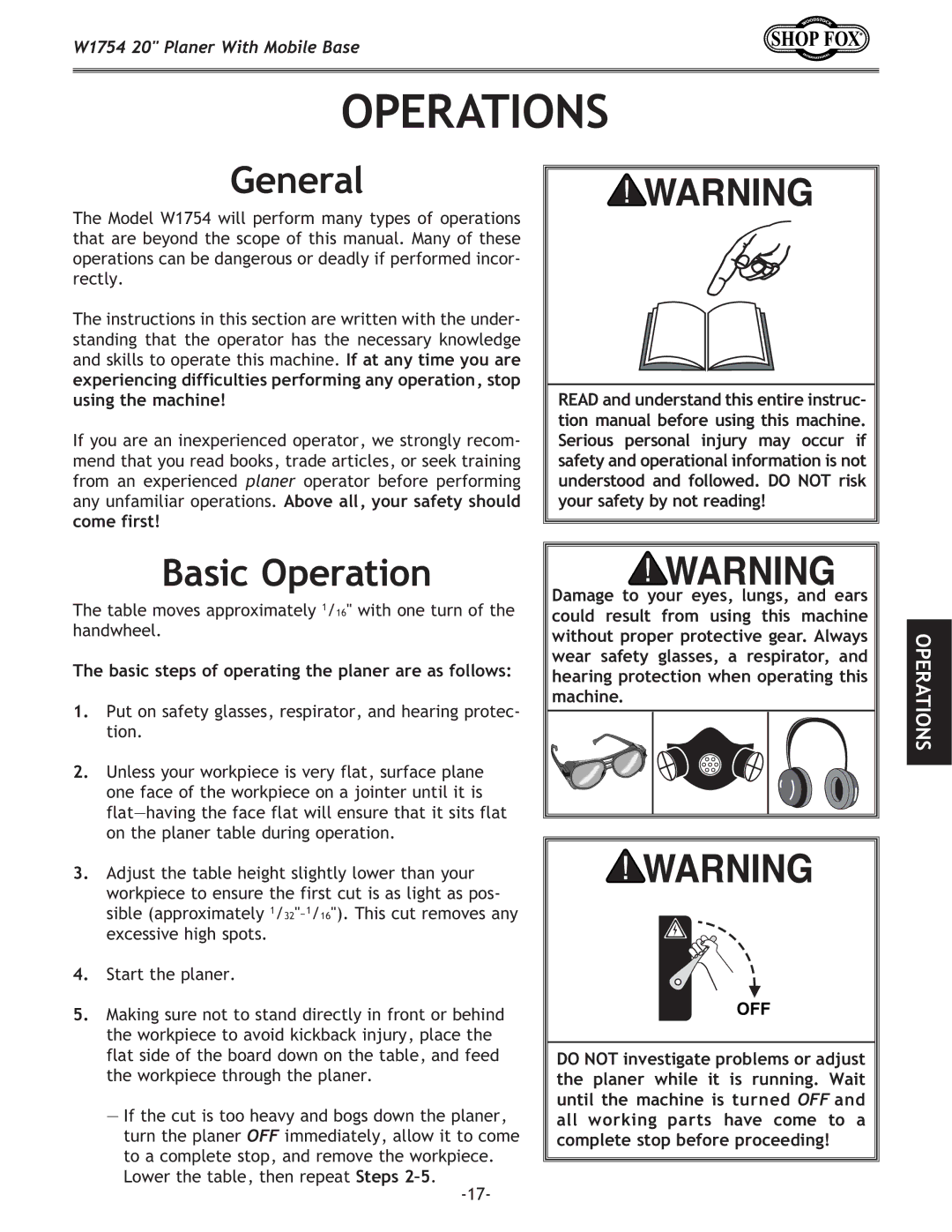 Woodstock W1754 owner manual Operations, General, Basic Operation, Basic steps of operating the planer are as follows 