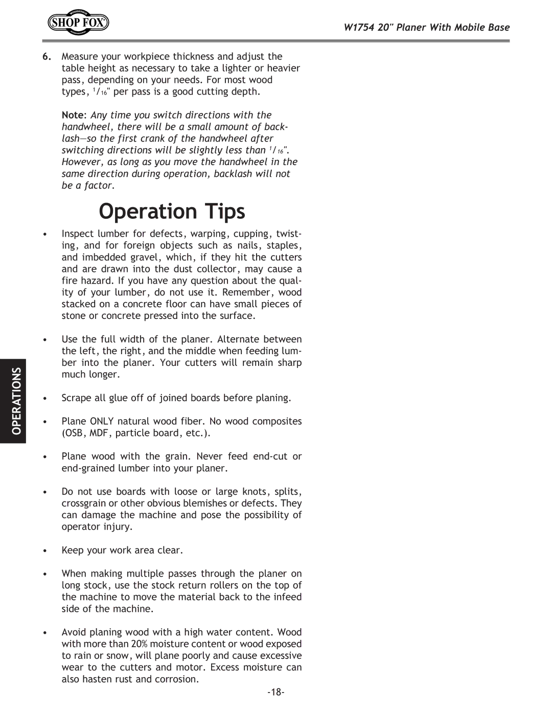 Woodstock W1754 owner manual Operation Tips 