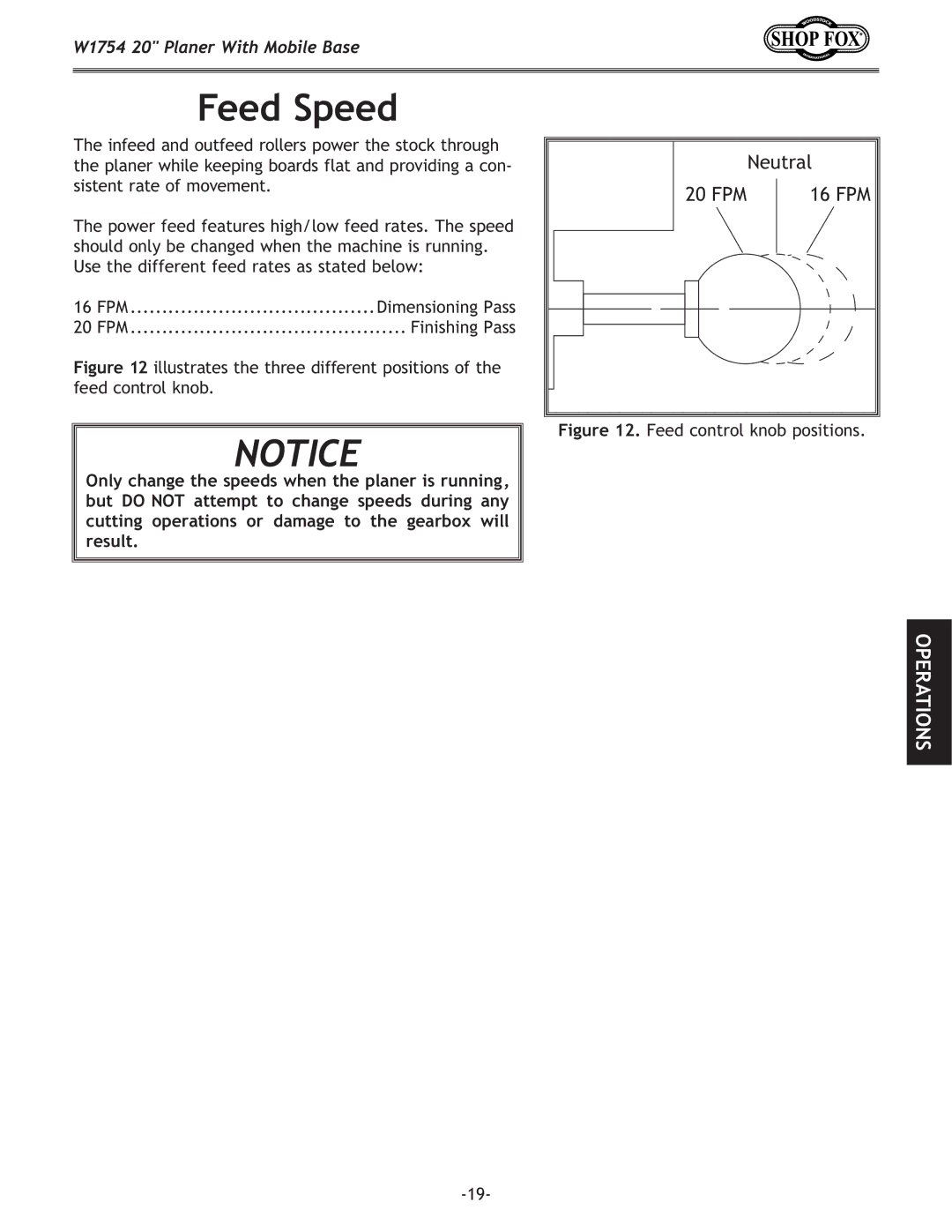 Woodstock W1754 owner manual Feed Speed, Feed control knob positions 