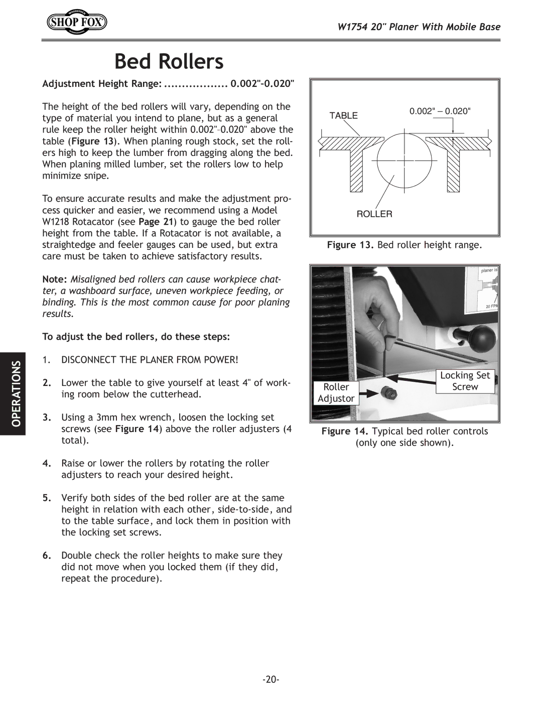 Woodstock W1754 owner manual Bed Rollers, Adjustment Height Range 002-0.020, To adjust the bed rollers, do these steps 