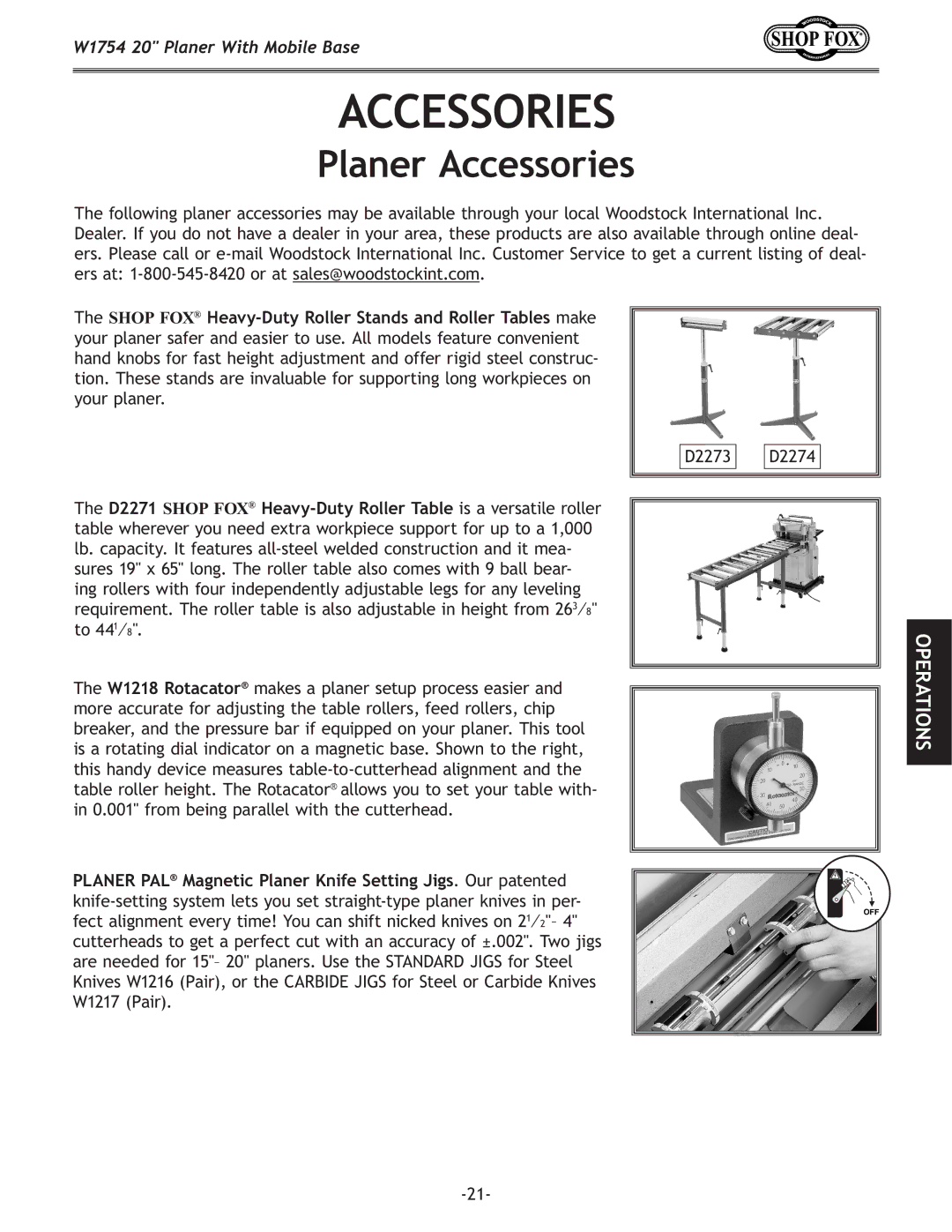 Woodstock W1754 owner manual Planer Accessories 