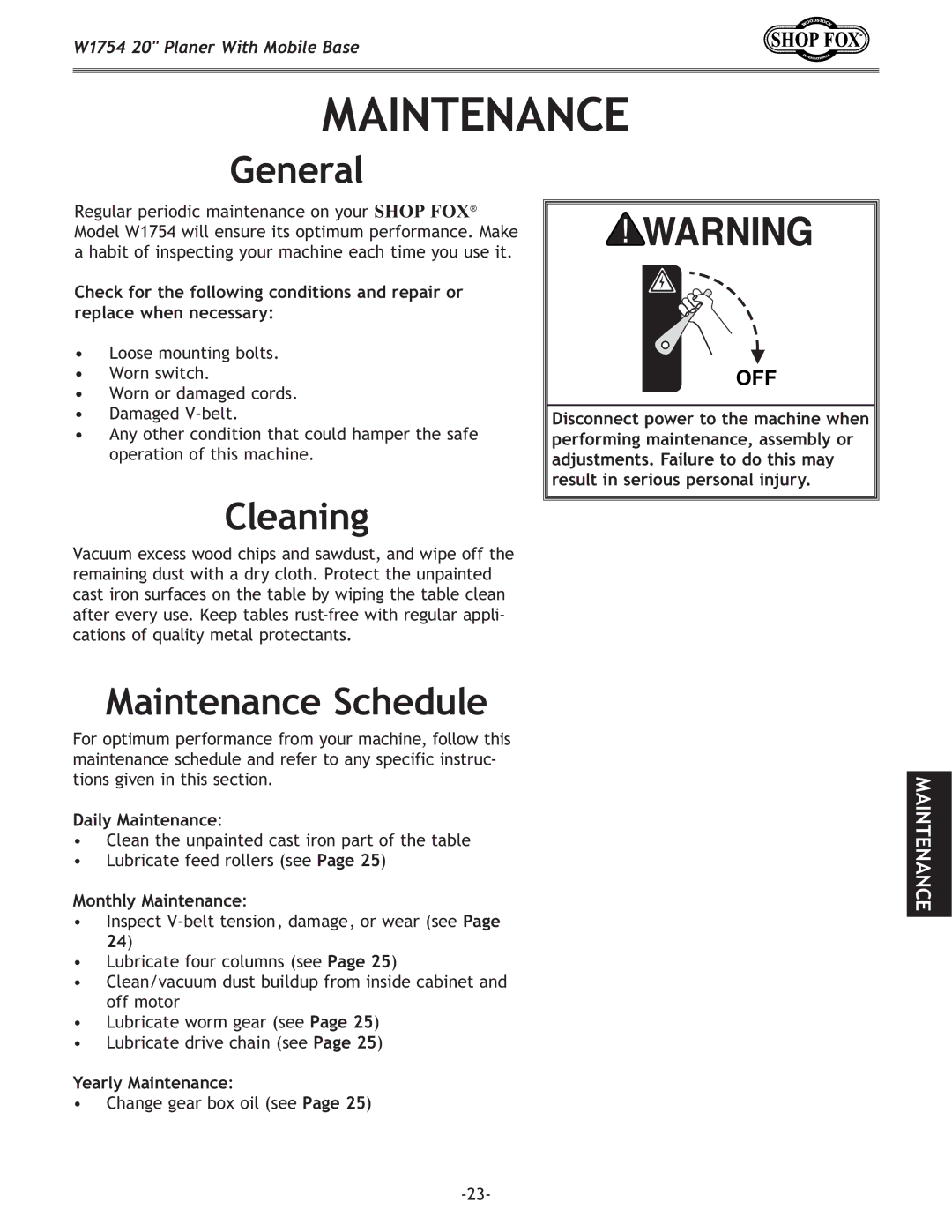 Woodstock W1754 owner manual Cleaning, Maintenance Schedule 