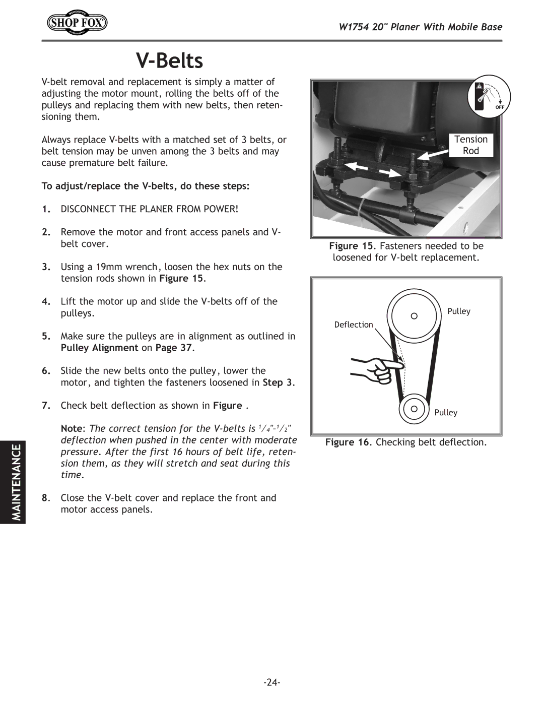 Woodstock W1754 owner manual Belts, To adjust/replace the V-belts, do these steps, Pulley Alignment on 