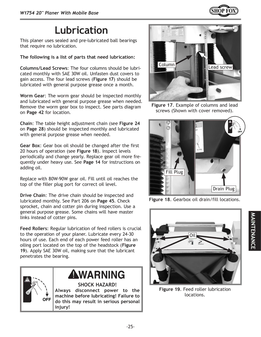 Woodstock W1754 owner manual Lubrication 