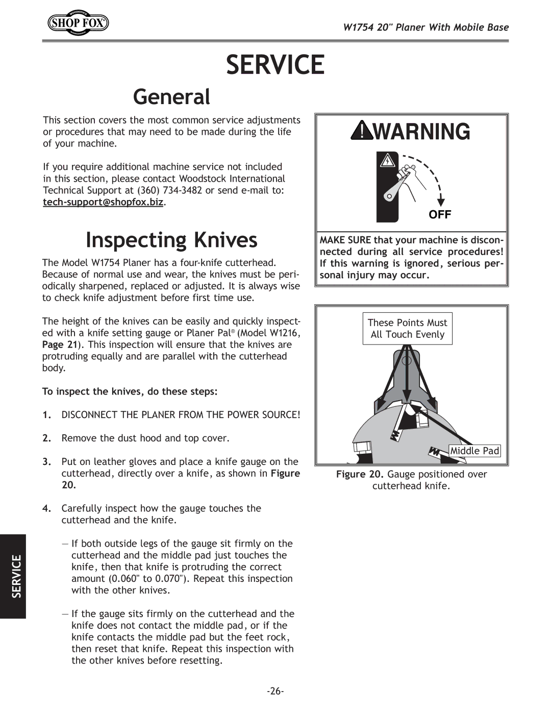 Woodstock W1754 owner manual Service, Inspecting Knives, To inspect the knives, do these steps 