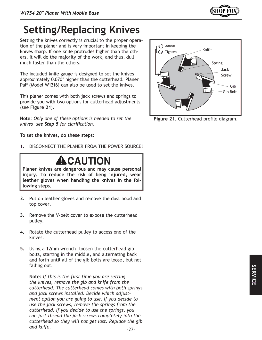 Woodstock W1754 owner manual Setting/Replacing Knives, To set the knives, do these steps 