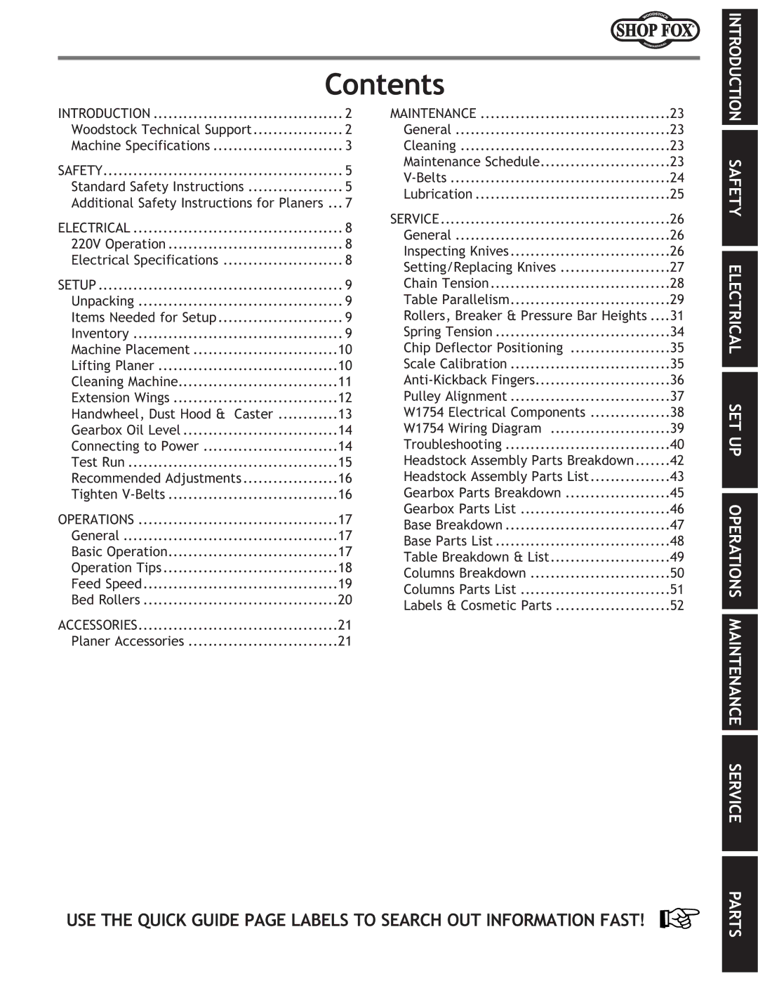 Woodstock W1754 owner manual Contents 