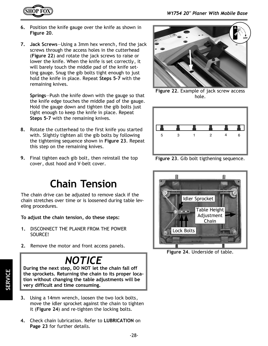 Woodstock W1754 owner manual Chain Tension, To adjust the chain tension, do these steps 