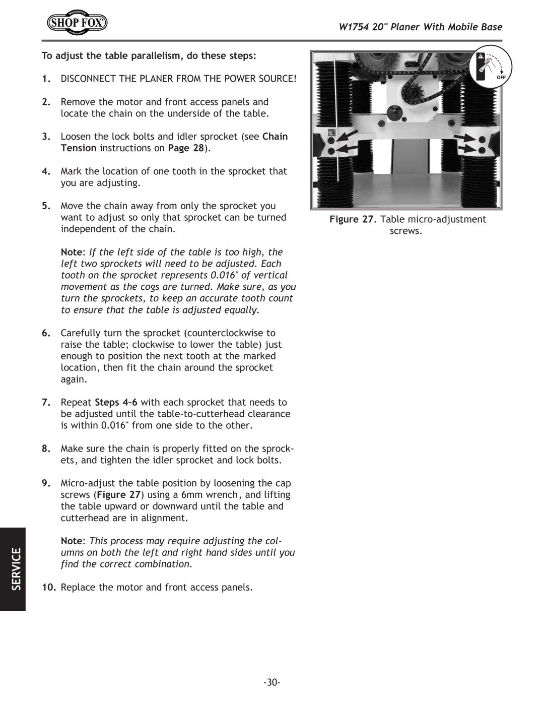 Woodstock W1754 owner manual To adjust the table parallelism, do these steps, Table micro-adjustment screws 