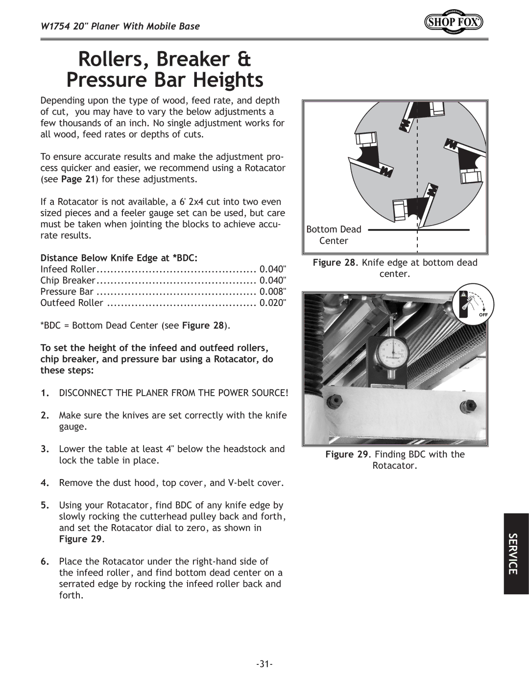 Woodstock W1754 owner manual Rollers, Breaker Pressure Bar Heights, Distance Below Knife Edge at *BDC 